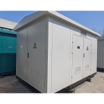 Cream white BTS box-type substation with side cooling fins and compact footprint.